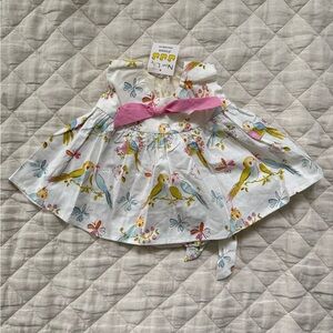 Baby Girl Colorful Bird Print Dress with Pink Bow, Made in USA, 6mo, NWT